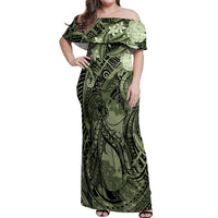 Pacific Beauty Girl Off Shoulder Maxi Dress Green Polyneisan Tribal Vintage Motif
