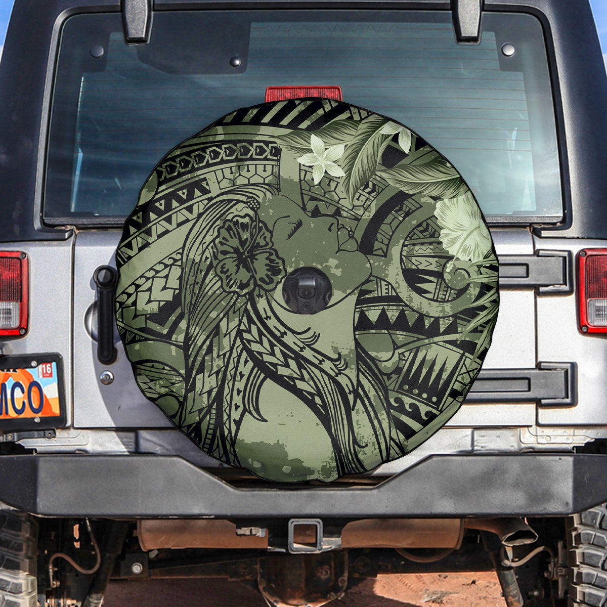 Pacific Beauty Girl Spare Tire Cover Green Polyneisan Tribal Vintage Motif