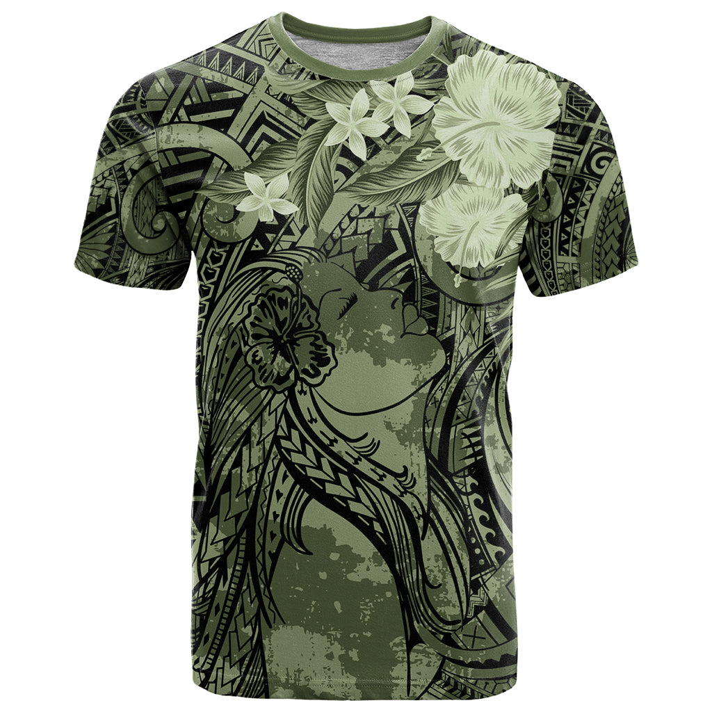Pacific Beauty Girl T Shirt Green Polyneisan Tribal Vintage Motif