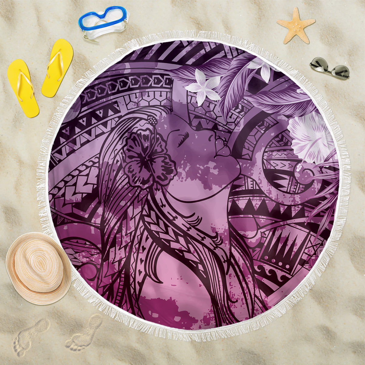 Pacific Beauty Girl Beach Blanket Pink Polyneisan Tribal Vintage Motif