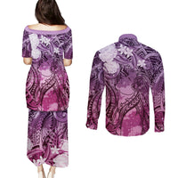 Pacific Beauty Girl Couples Matching Puletasi and Long Sleeve Button Shirt Pink Polyneisan Tribal Vintage Motif