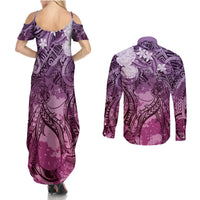 Pacific Beauty Girl Couples Matching Summer Maxi Dress and Long Sleeve Button Shirt Pink Polyneisan Tribal Vintage Motif LT9 - Polynesian Pride
