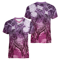 Pacific Beauty Girl Women V-Neck T-Shirt Pink Polyneisan Tribal Vintage Motif