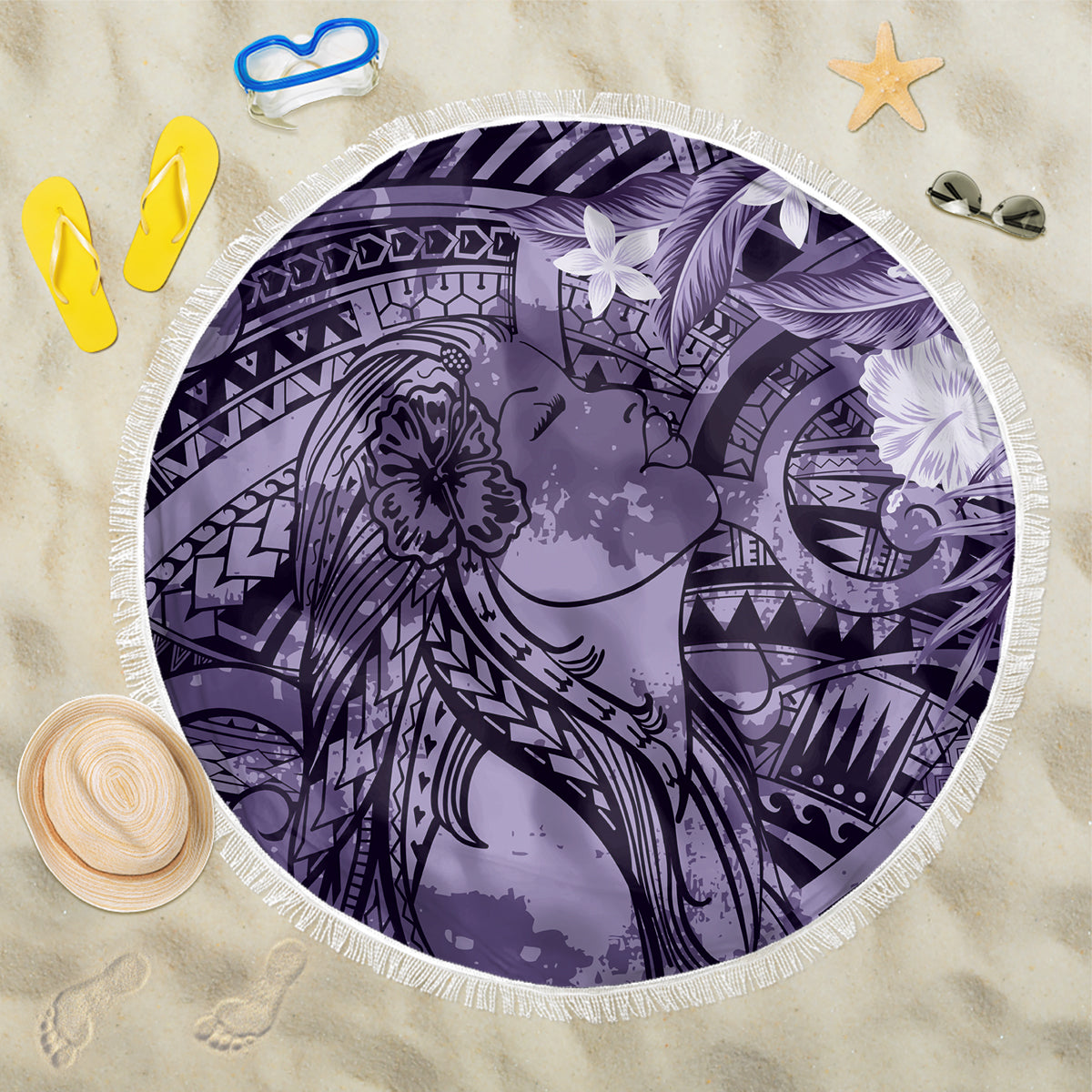 Pacific Beauty Girl Beach Blanket Violet Polyneisan Tribal Vintage Motif