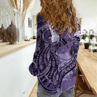 Pacific Beauty Girl Women Casual Shirt Violet Polyneisan Tribal Vintage Motif