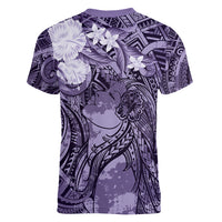 Pacific Beauty Girl Women V-Neck T-Shirt Violet Polyneisan Tribal Vintage Motif