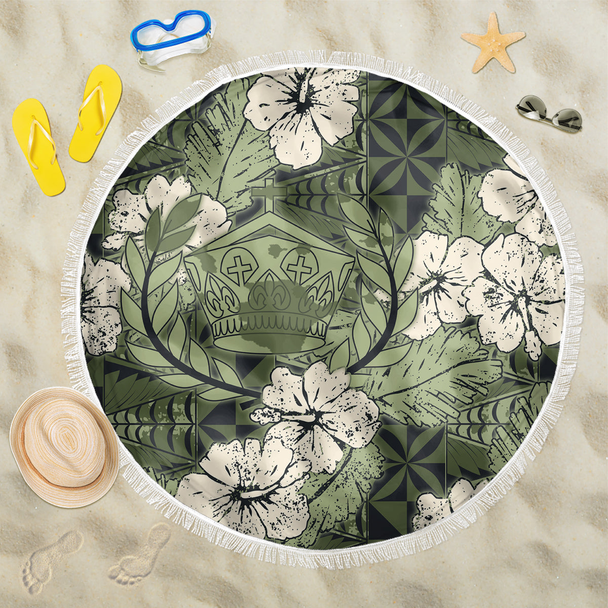 Tongan Kupesi Ngatu Hibiscus Vintage Motif Beach Blanket