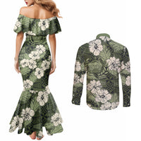 Tongan Kupesi Ngatu Hibiscus Vintage Motif Couples Matching Mermaid Dress and Long Sleeve Button Shirt