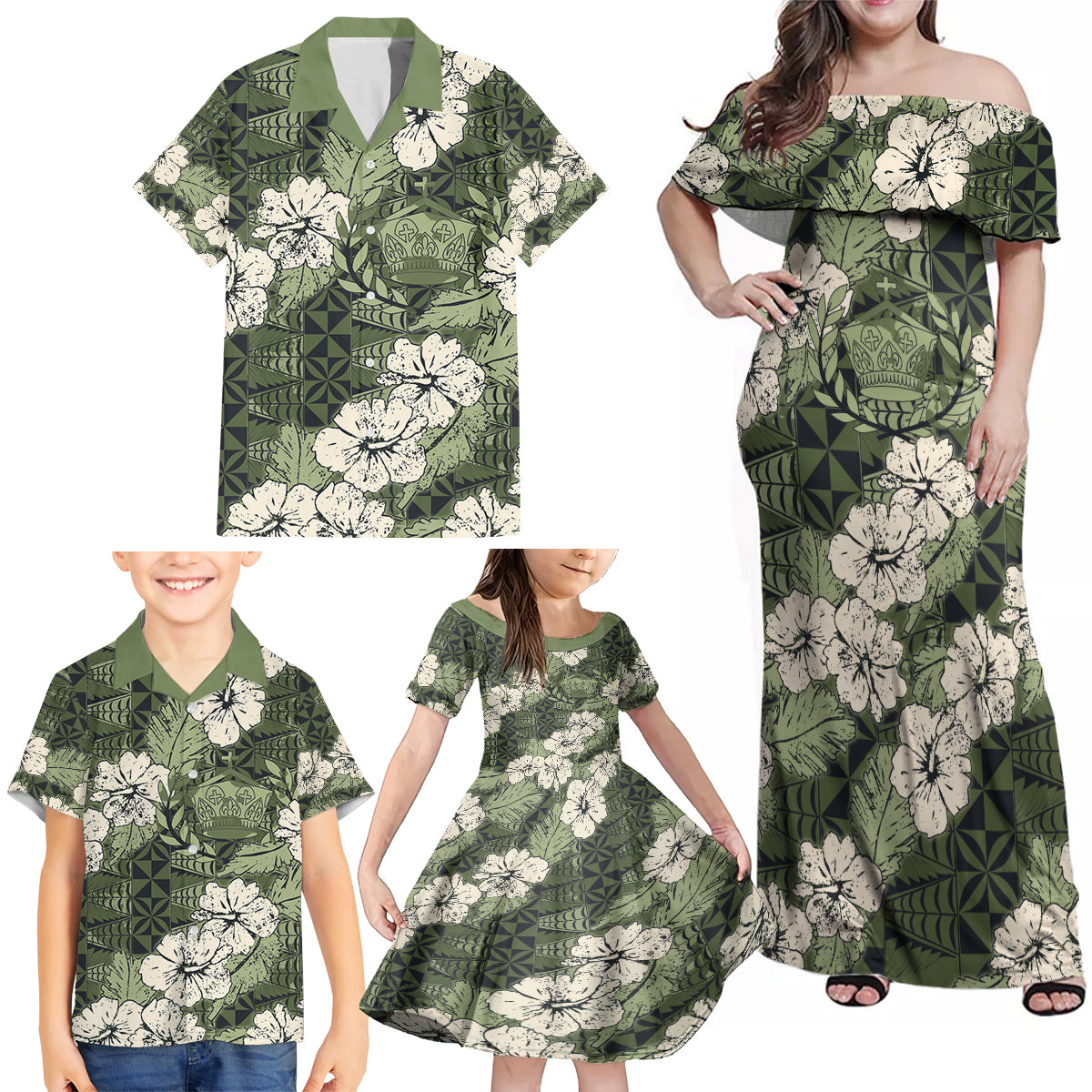 Tongan Kupesi Ngatu Hibiscus Vintage Motif Family Matching Off Shoulder Maxi Dress and Hawaiian Shirt