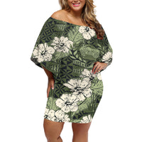 Tongan Kupesi Ngatu Hibiscus Vintage Motif Off Shoulder Short Dress LT9 Women Green - Polynesian Pride