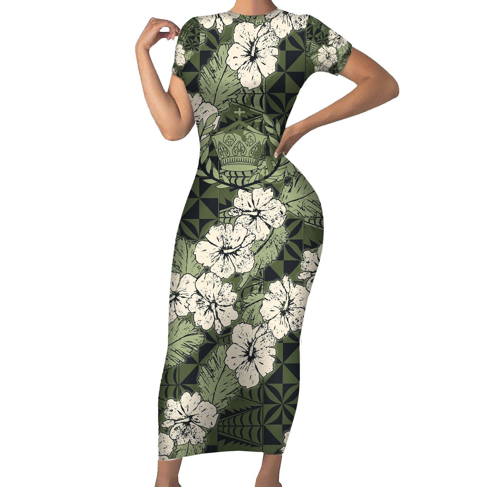 Tongan Kupesi Ngatu Hibiscus Vintage Motif Short Sleeve Bodycon Dress