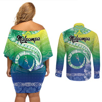 Malpampa Vanuatu Couples Matching Off Shoulder Short Dress and Long Sleeve Button Shirt Hibiscus Sand Drawing with Pacific Pattern