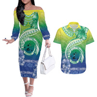 Malpampa Vanuatu Couples Matching Off The Shoulder Long Sleeve Dress and Hawaiian Shirt Hibiscus Sand Drawing with Pacific Pattern
