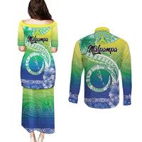 Malpampa Vanuatu Couples Matching Puletasi and Long Sleeve Button Shirt Hibiscus Sand Drawing with Pacific Pattern