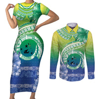 Malpampa Vanuatu Couples Matching Short Sleeve Bodycon Dress and Long Sleeve Button Shirt Hibiscus Sand Drawing with Pacific Pattern