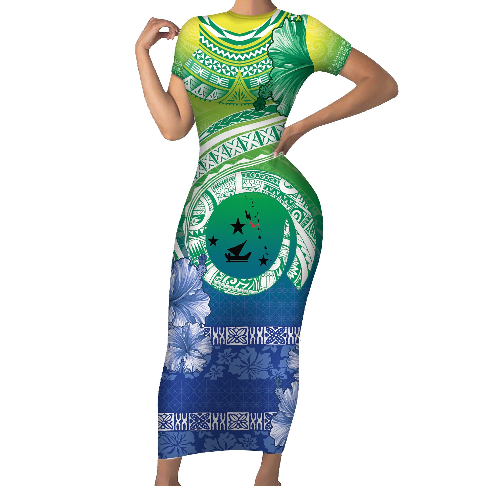 Malpampa Vanuatu Short Sleeve Bodycon Dress Hibiscus Sand Drawing with Pacific Pattern