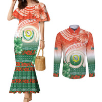 Penama Vanuatu Couples Matching Mermaid Dress and Long Sleeve Button Shirt Hibiscus Sand Drawing with Pacific Pattern