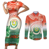 Penama Vanuatu Couples Matching Short Sleeve Bodycon Dress and Long Sleeve Button Shirt Hibiscus Sand Drawing with Pacific Pattern
