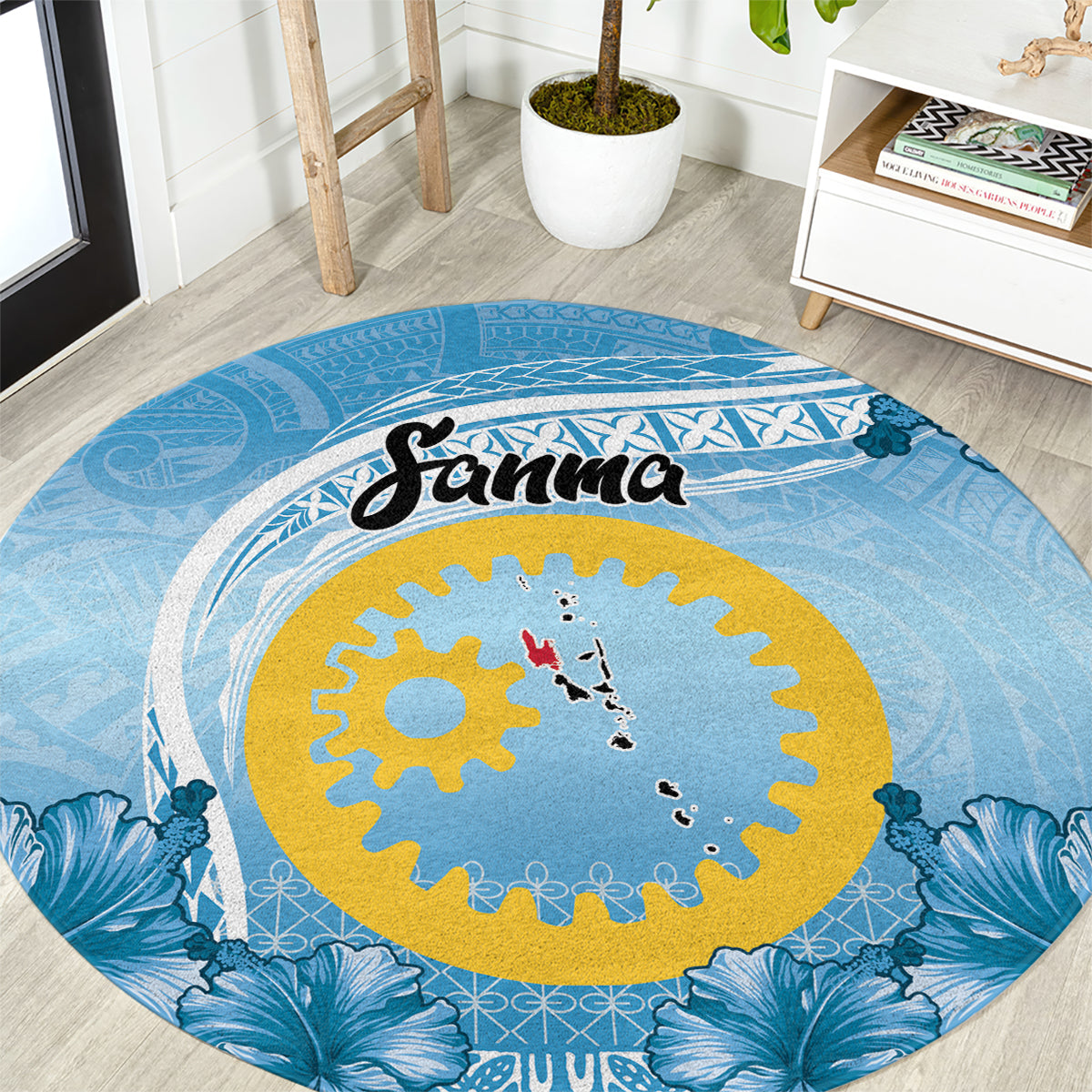 Sanma Vanuatu Round Carpet Hibiscus Sand Drawing with Pacific Pattern