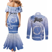 Shefa Vanuatu Couples Matching Mermaid Dress and Long Sleeve Button Shirt Hibiscus Sand Drawing with Pacific Pattern