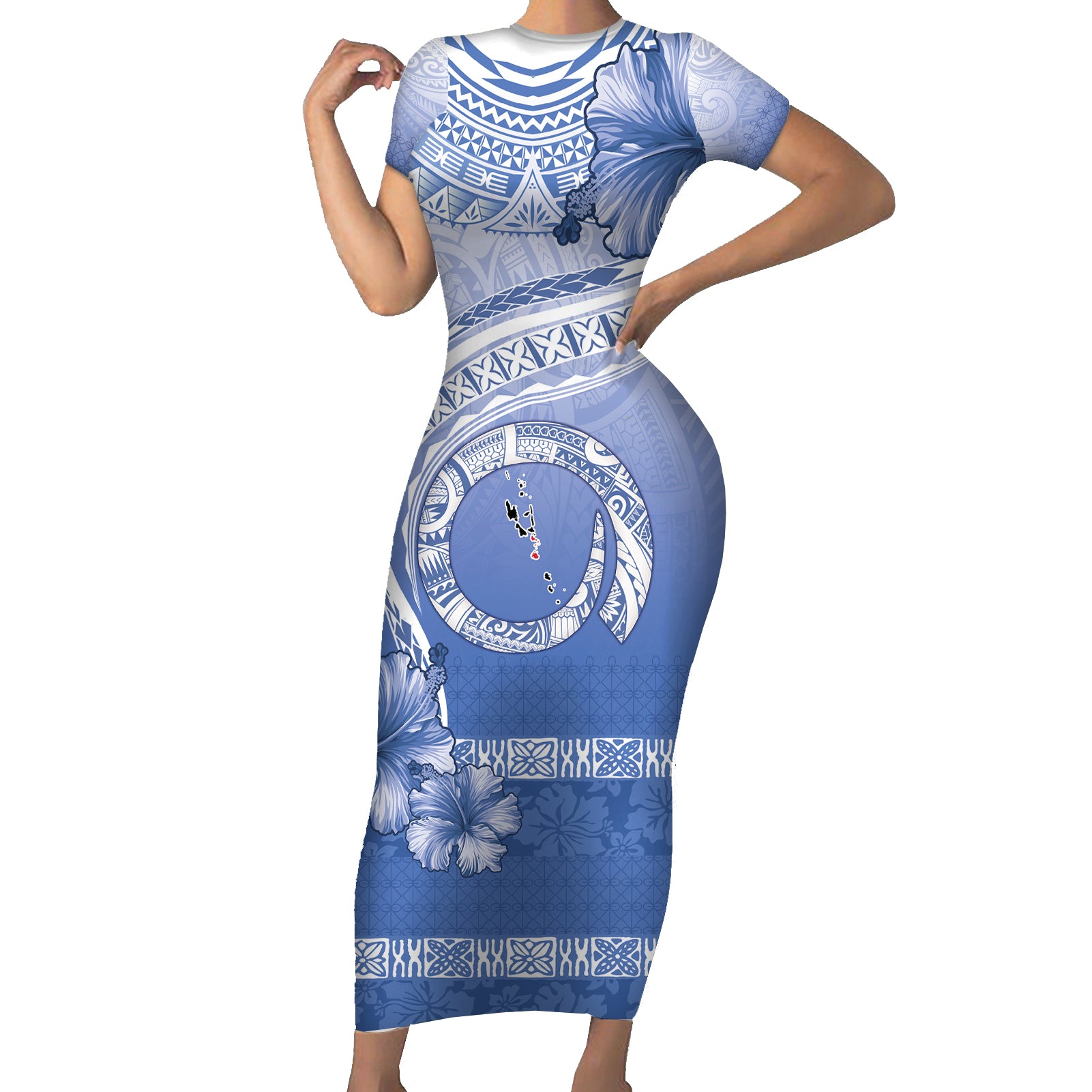 Shefa Vanuatu Short Sleeve Bodycon Dress Hibiscus Sand Drawing with Pacific Pattern