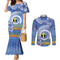 Tafea Vanuatu Couples Matching Mermaid Dress and Long Sleeve Button Shirt Hibiscus Sand Drawing with Pacific Pattern LT9 Blue Art - Polynesian Pride