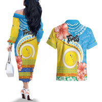 Torba Vanuatu Couples Matching Off The Shoulder Long Sleeve Dress and Hawaiian Shirt Hibiscus Sand Drawing with Pacific Pattern