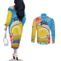 Torba Vanuatu Couples Matching Off The Shoulder Long Sleeve Dress and Long Sleeve Button Shirt Hibiscus Sand Drawing with Pacific Pattern