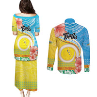 Torba Vanuatu Couples Matching Puletasi and Long Sleeve Button Shirt Hibiscus Sand Drawing with Pacific Pattern