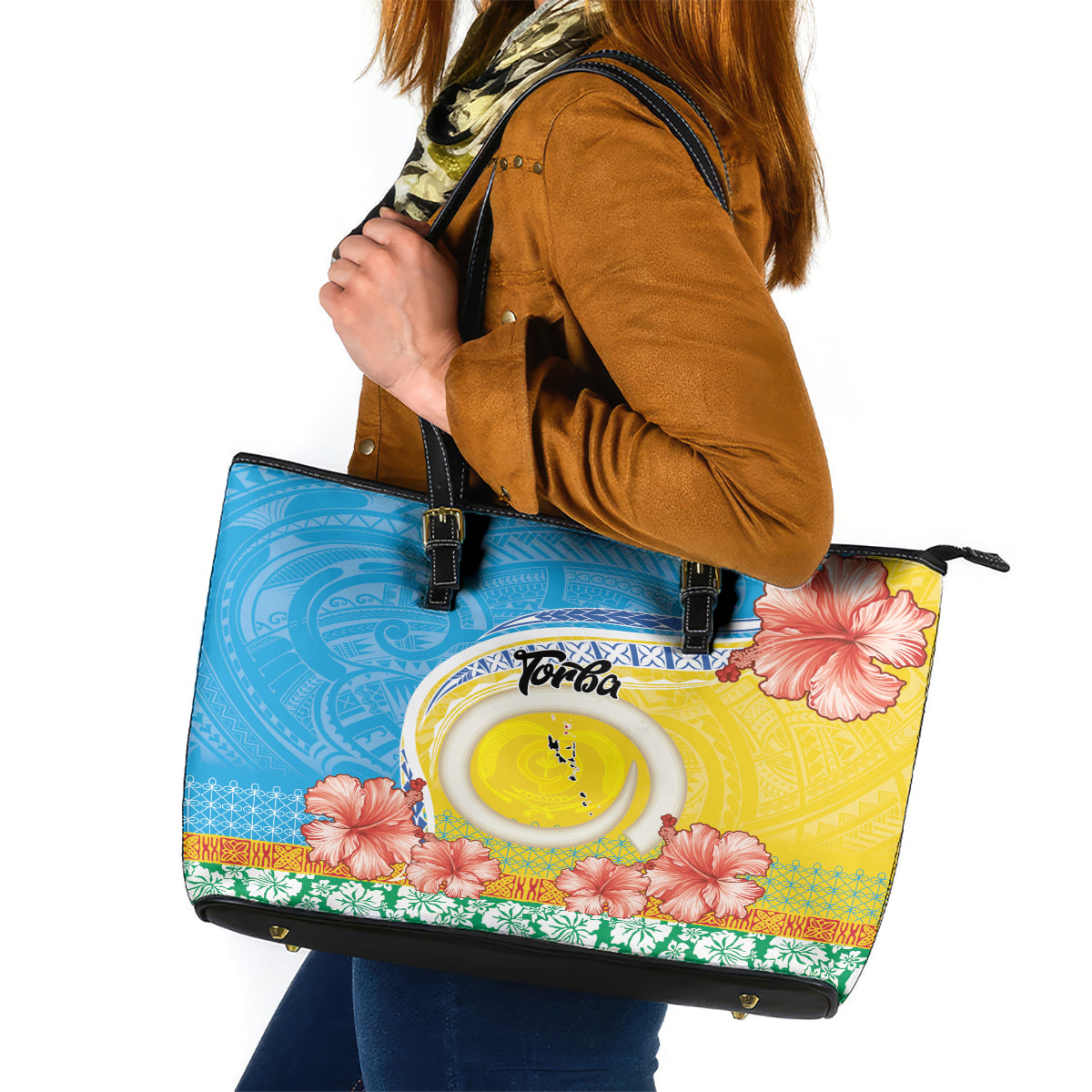 Torba Vanuatu Leather Tote Bag Hibiscus Sand Drawing with Pacific Pattern