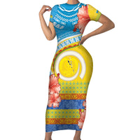 Torba Vanuatu Short Sleeve Bodycon Dress Hibiscus Sand Drawing with Pacific Pattern LT9 Long Dress Green Gold - Polynesian Pride