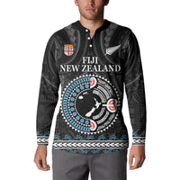 Custom Fiji and New Zealand Button Sweatshirt Maori Fern Mix Tapa Tribal Unique