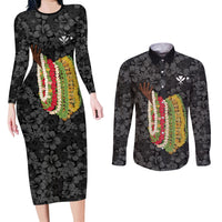 Hawaii Lei Kamehameha Couples Matching Long Sleeve Bodycon Dress and Long Sleeve Button Shirt Ele'ele Seamless Pattern Hibiscus Flower
