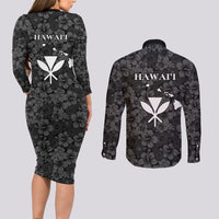 Hawaii Lei Kamehameha Couples Matching Long Sleeve Bodycon Dress and Long Sleeve Button Shirt Ele'ele Seamless Pattern Hibiscus Flower LT9 - Polynesian Pride