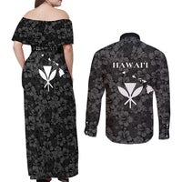 Hawaii Lei Kamehameha Couples Matching Off Shoulder Maxi Dress and Long Sleeve Button Shirt Ele'ele Seamless Pattern Hibiscus Flower LT9 - Polynesian Pride
