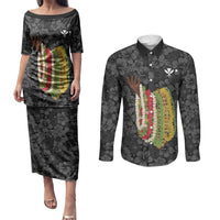 Hawaii Lei Kamehameha Couples Matching Puletasi and Long Sleeve Button Shirt Ele'ele Seamless Pattern Hibiscus Flower LT9 Black - Polynesian Pride