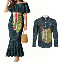 Hawaii Lei Kamehameha Couples Matching Mermaid Dress and Long Sleeve Button Shirt Uliuli Seamless Pattern Hibiscus Flower LT9 Blue - Polynesian Pride