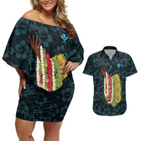 Hawaii Lei Kamehameha Couples Matching Off Shoulder Short Dress and Hawaiian Shirt Uliuli Seamless Pattern Hibiscus Flower