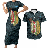 Hawaii Lei Kamehameha Couples Matching Short Sleeve Bodycon Dress and Hawaiian Shirt Uliuli Seamless Pattern Hibiscus Flower LT9 Blue - Polynesian Pride