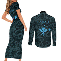 Hawaii Lei Kamehameha Couples Matching Short Sleeve Bodycon Dress and Long Sleeve Button Shirt Uliuli Seamless Pattern Hibiscus Flower