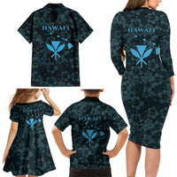 Hawaii Lei Kamehameha Family Matching Long Sleeve Bodycon Dress and Hawaiian Shirt Uliuli Seamless Pattern Hibiscus Flower