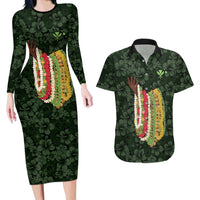 Hawaii Lei Kamehameha Couples Matching Long Sleeve Bodycon Dress and Hawaiian Shirt Oma'oma'o Seamless Pattern Hibiscus Flower