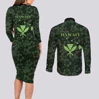 Hawaii Lei Kamehameha Couples Matching Long Sleeve Bodycon Dress and Long Sleeve Button Shirt Oma'oma'o Seamless Pattern Hibiscus Flower