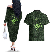 Hawaii Lei Kamehameha Couples Matching Off The Shoulder Long Sleeve Dress and Hawaiian Shirt Oma'oma'o Seamless Pattern Hibiscus Flower