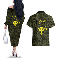 Hawaii Lei Kamehameha Couples Matching Off The Shoulder Long Sleeve Dress and Hawaiian Shirt Melemele Seamless Pattern Hibiscus Flower