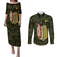 Hawaii Lei Kamehameha Couples Matching Puletasi and Long Sleeve Button Shirt Melemele Seamless Pattern Hibiscus Flower