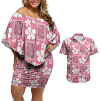 Give Cancer The Boot Pink Cowgirl Couples Matching Off Shoulder Short Dress and Hawaiian Shirt Western Aloha Hibiscus Paniolo Heritage Floral