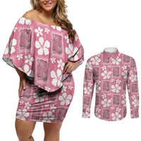 Give Cancer The Boot Pink Cowgirl Couples Matching Off Shoulder Short Dress and Long Sleeve Button Shirt Western Aloha Hibiscus Paniolo Heritage Floral