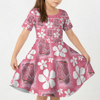 Give Cancer The Boot Pink Cowgirl Kid Short Sleeve Dress Western Aloha Hibiscus Paniolo Heritage Floral