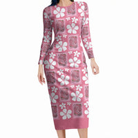 Give Cancer The Boot Pink Cowgirl Long Sleeve Bodycon Dress Western Aloha Hibiscus Paniolo Heritage Floral